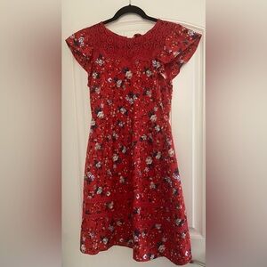 Floral Red Dress with Lace Detail Size Small